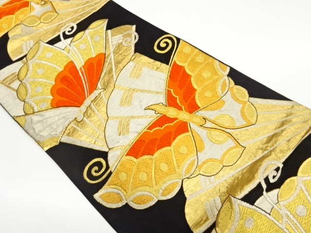 JAPANESE FUKURO OBI / WOVEN BUTTERFLY & FOLDING FAN PATTERN